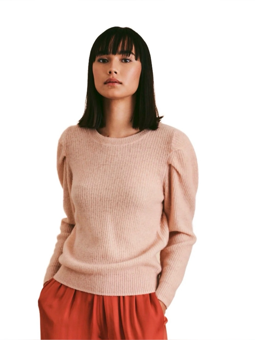 Minnie Rose Blush Pink Puff-Sleeve Crewneck Sweater